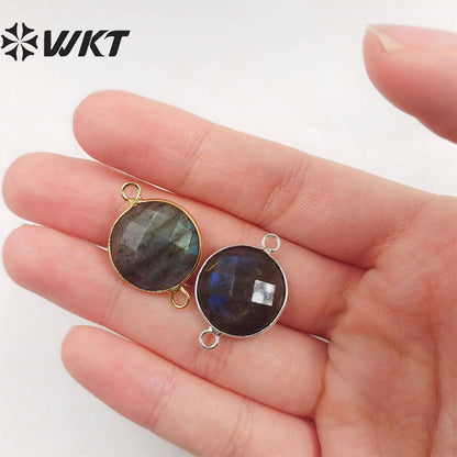WT-C118 Wholesale Sparkly Tiny Labradorite Charm Connectors ,Lovely Round Natural Labradorite With Gold Plated Jewelry Findings