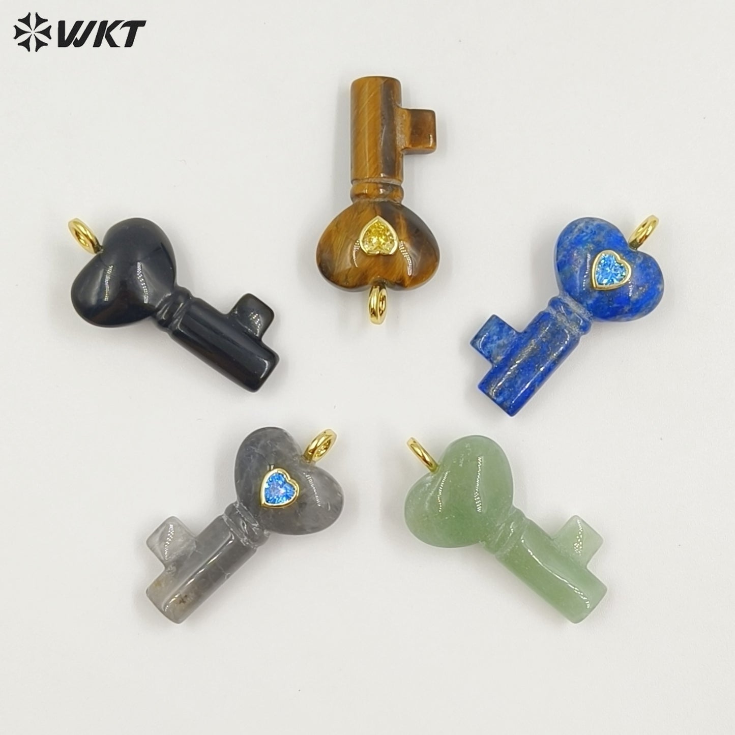 WT-P2057 New Fashion Heart Shape Colorful Zircon And Natural Gemstones Carved Key Pendants For Friend Lovely Gift Making