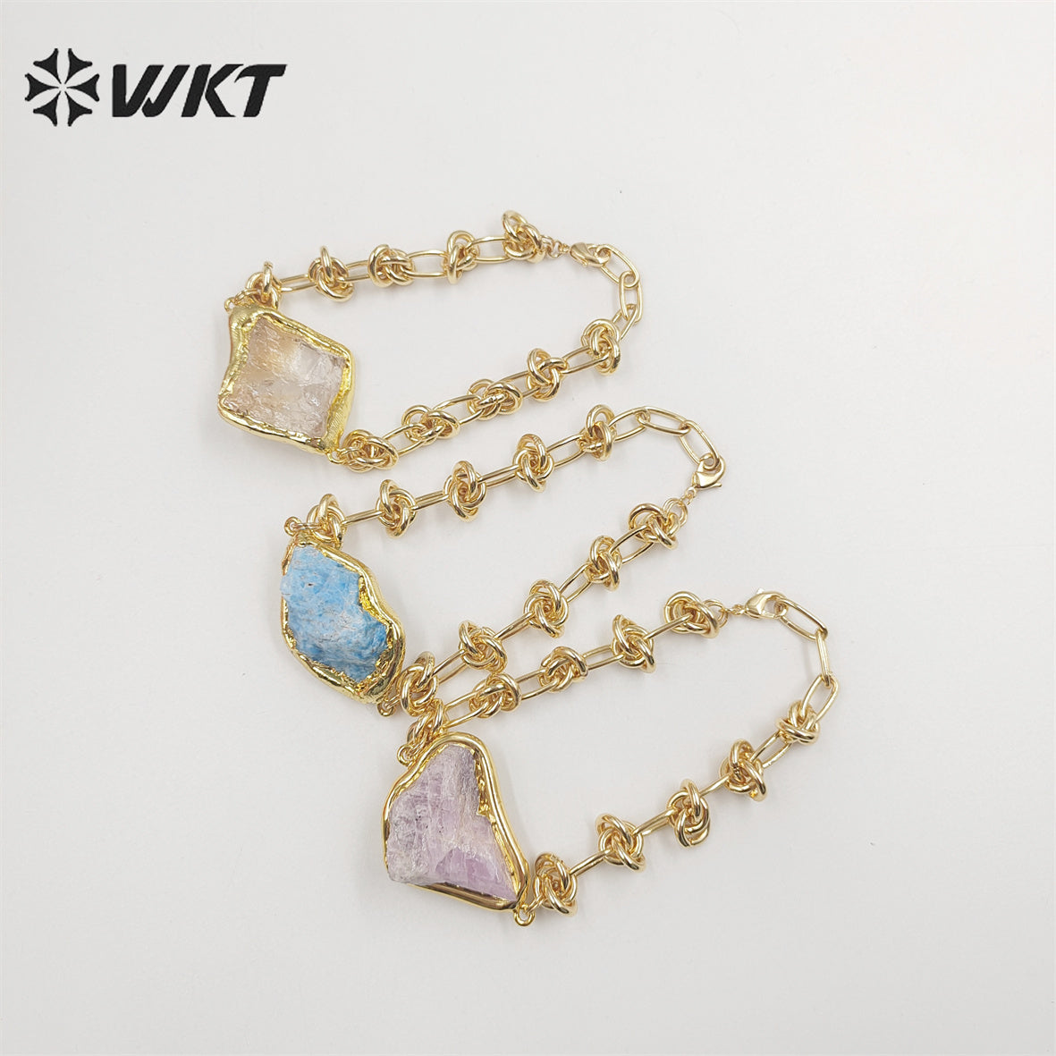 WT-B614 WKT Handmade New Knotted Shape Metal Chain Bracelets 18k Real Gold Plated Resist Tarnishable Natural Raw Stone Bracelets