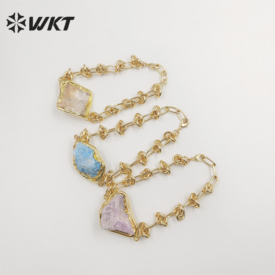 WT-B614 WKT Handmade New Knotted Shape Metal Chain Bracelets 18k Real Gold Plated Resist Tarnishable Natural Raw Stone Bracelets