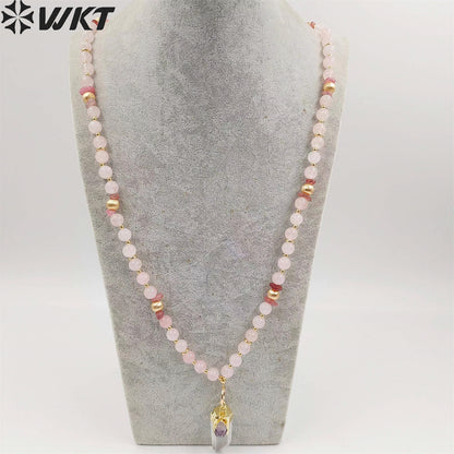 WT-N1411 WKT New Design Women Long Energy Pink Crystal Quartz Point Pendant Necklace Lucky Elegance Shirt Chain Necklace