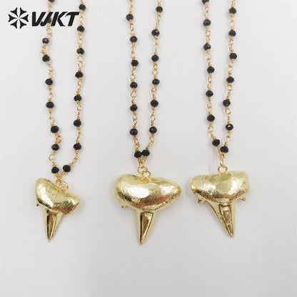 WT-N227 Wholesale Fashion 18k Gold Plated Natural Shark Tooth Necklace with Black Rosary Beads Real Teeth Bone Necklace