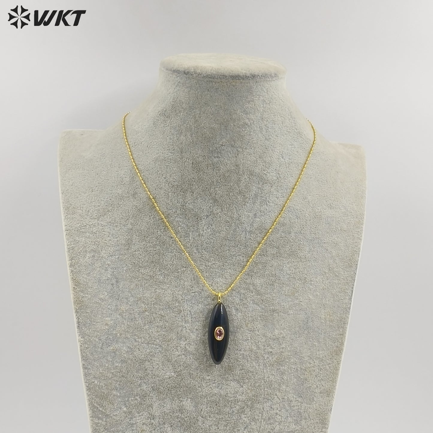 WT-N1509 High Quality Thin Chain Gold Electroplated Natural Gemstones With Zircon Long Oval Shape Pendant Necklaces As Lady Gift