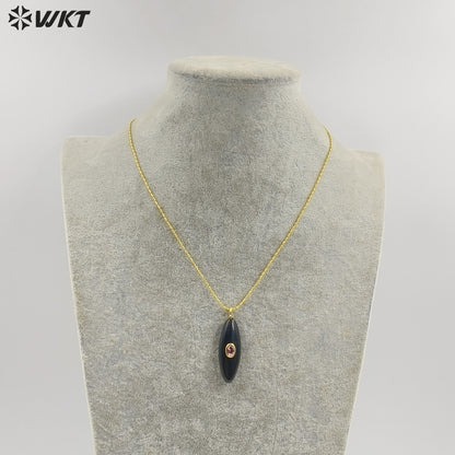 WT-N1509 High Quality Thin Chain Gold Electroplated Natural Gemstones With Zircon Long Oval Shape Pendant Necklaces As Lady Gift