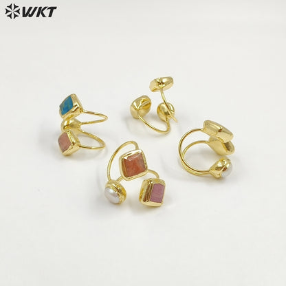 WT-R573 Wonderful Vintage Style 18K Gold Plated Double Natural Stones And Pearl Adjustable Women Rings As Party Present