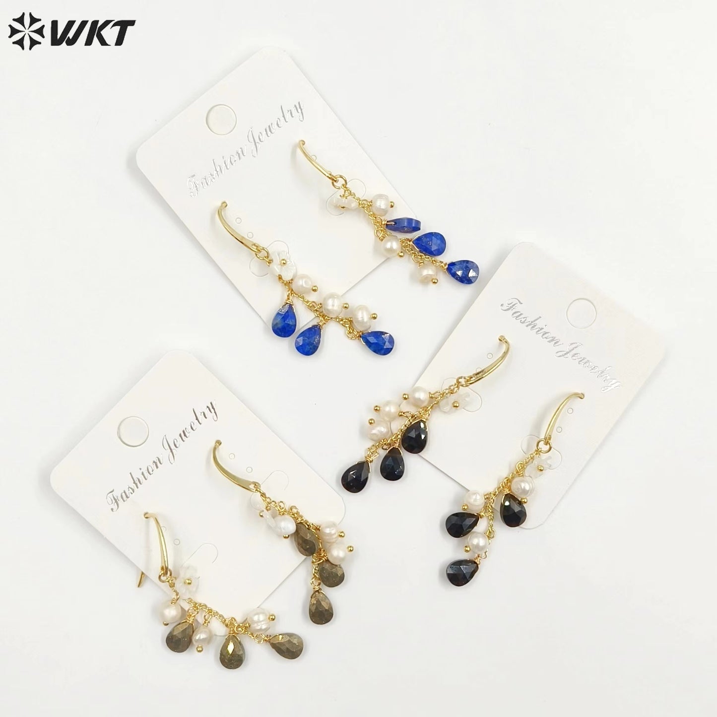 WT-MPE109 Bohemia Regular Natural Pearl and Stone 18k Gold Plated Gift for Women Weeding 62mm Romantic Pendant Earrings