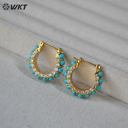 WT-E822 Exquisite Trendy Natural Turquoise And Cubic Zircon Gold Plated Round Earrings For Lady Party Decorative Jewelry