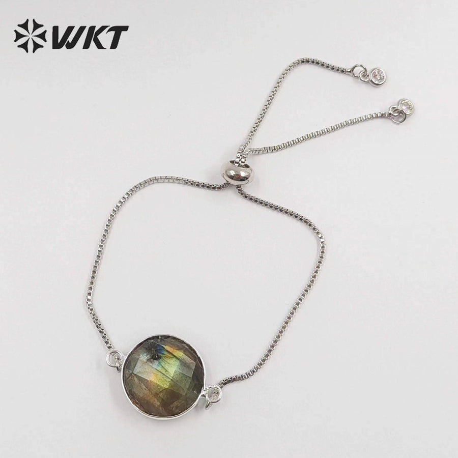 WT-B343 Trendy Design Natural Labradorite Connector Bracelet, Charm Round 24K Real Gold Plated Labradorite Connector Bracelet