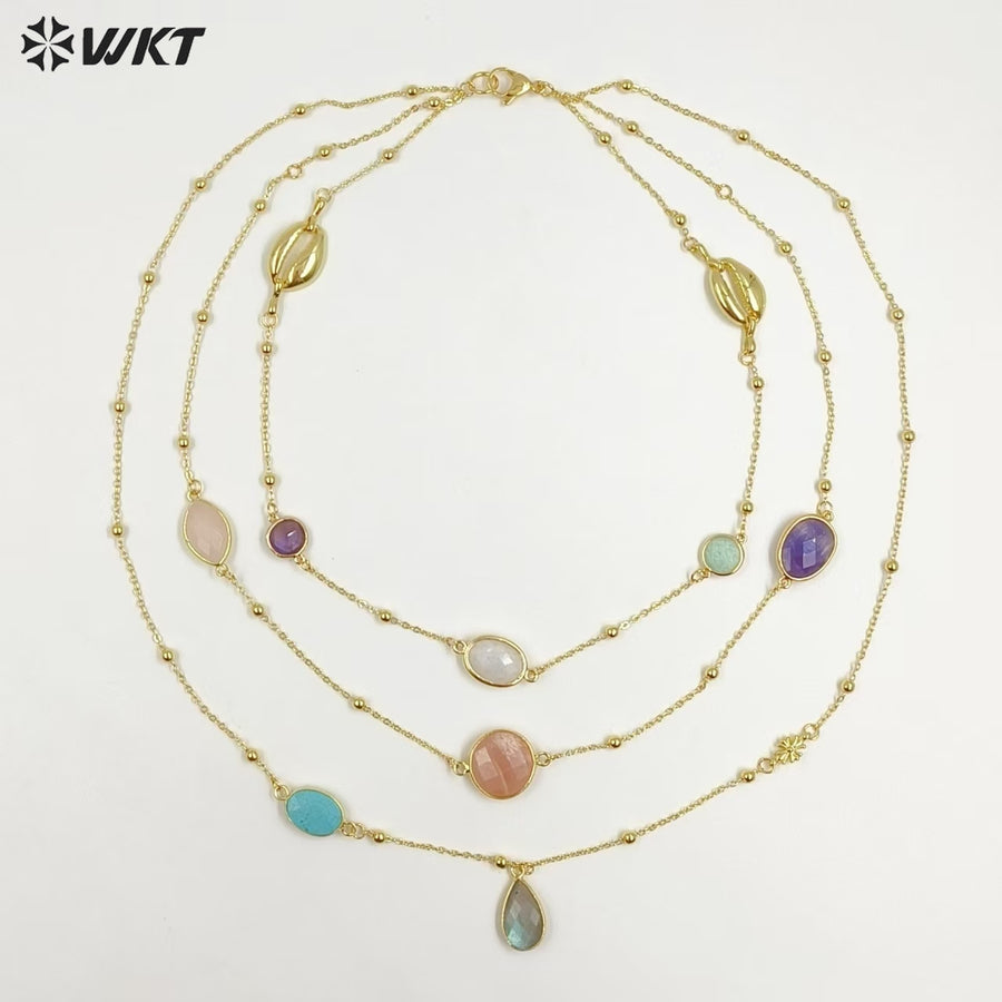 WT-N1519 Amazing 18K Gold Plated Multiple Natural Gemstones And Metal Shell Charms Three Layers Necklace For Women Vintage Gift
