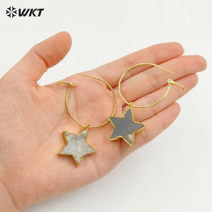 WT-E739 Wholesale Fashion Druzy Five Star Natural Crystal Quartz Stone Earrings Round Hoop Shape Women Beautiful Jewelry