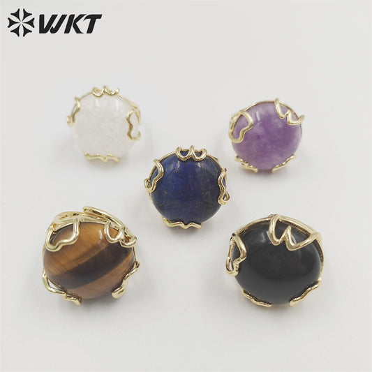 WT-R440 Wholesale Fashion 18k Real Gold Plated Resist Tarnishable Handmade Claw Setting Round Gemstone Ring in Adjustable Size