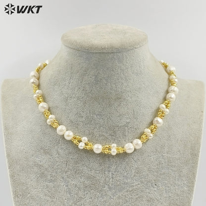 WT-JN376 16 Inch Luxury Simple Style 18K Gold Electroplated Beads And Natural Pearls Necklace For Lady Party Wearing Jewelry