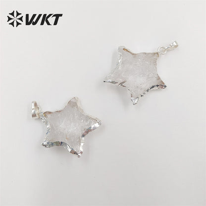 WT-P1326 WKT Wholesale Transparent Raw Crystal Quartz Charm 24k Genuine Gold Plated Pendant Star Shape Women