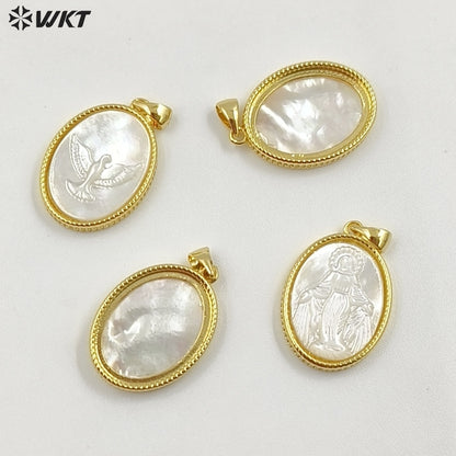 WT-JP464 New Arrival Religious Style Pattern 18 Gold Plated Natural Shell Oval Little Pendants For Women Necklace Making