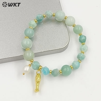 WT-B712 Beautiful Natural Gemstones Beads With Little Pearl And Shell Star Charms Gold Bracelets As Fashion Jewelry Accessory