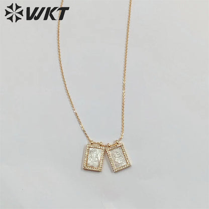 WT-JN220 Super Hot Fashion Double Charms Micropaved CZ Setting Mother of Pearl Shell Necklace 18k Gold Religion Maria Necklace
