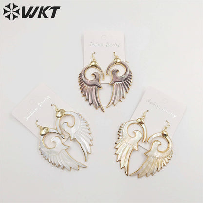 WT-E268 Newest Fashion Morden Gold Plated Shell Feather Earrings Elegant Popular Dangling Real Shell Feather Earrings