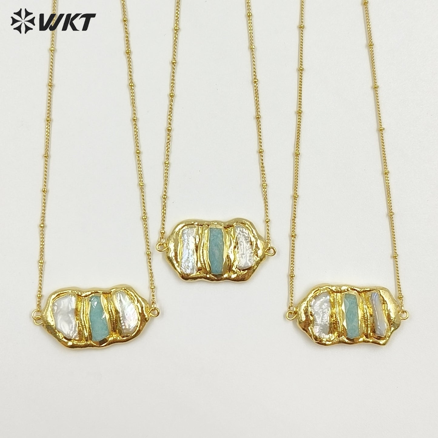 WT-JN136 Wholesale New Triple Stone Statement Necklace 18 Inch Long Gold Pearl and Stone Mix Birthday Gift Women Necklace