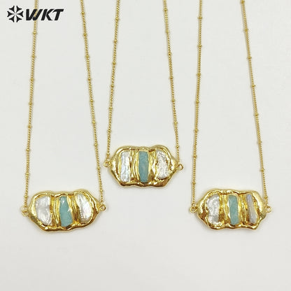 WT-JN136 Wholesale New Triple Stone Statement Necklace 18 Inch Long Gold Pearl and Stone Mix Birthday Gift Women Necklace