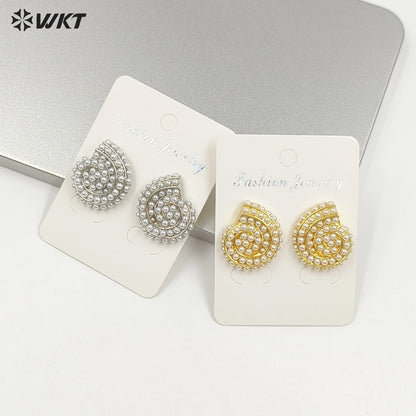 WT-ME125 Newest Design Jewelry Brass Gold And Silver Plated With Artificial Pearl Conch Shape Earrings For Girl Daily Wearing