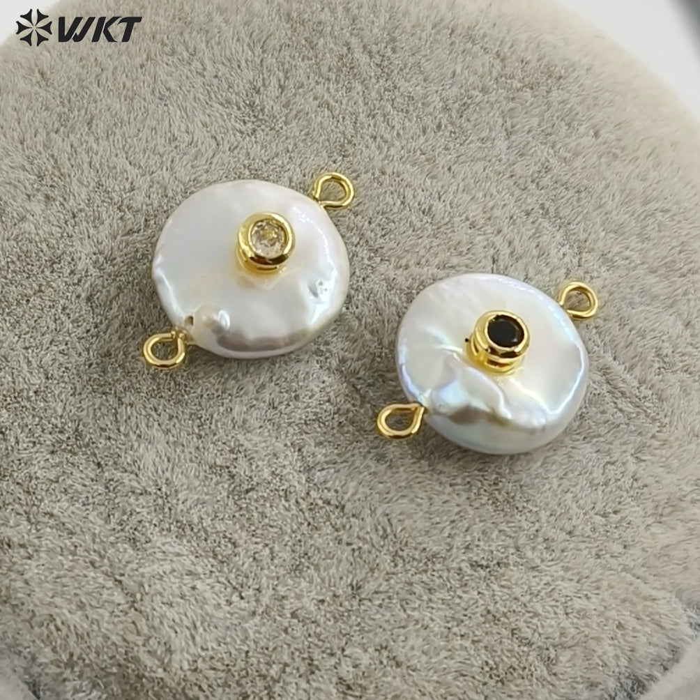 WT-JP252 WKT NEW Natural Freshwater Pearl Cross Pendant Fashion Gold Simple Cz Charm Double Loops Connector As Jewelry Findings