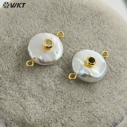 WT-JP252 WKT NEW Natural Freshwater Pearl Cross Pendant Fashion Gold Simple Cz Charm Double Loops Connector As Jewelry Findings