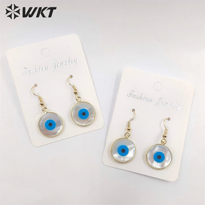 WT-E162 Wholesale Fashion Gold Plated Bezel Eye Earrings, Women Gold Shell Eye Earrings Natural Shell Earrings