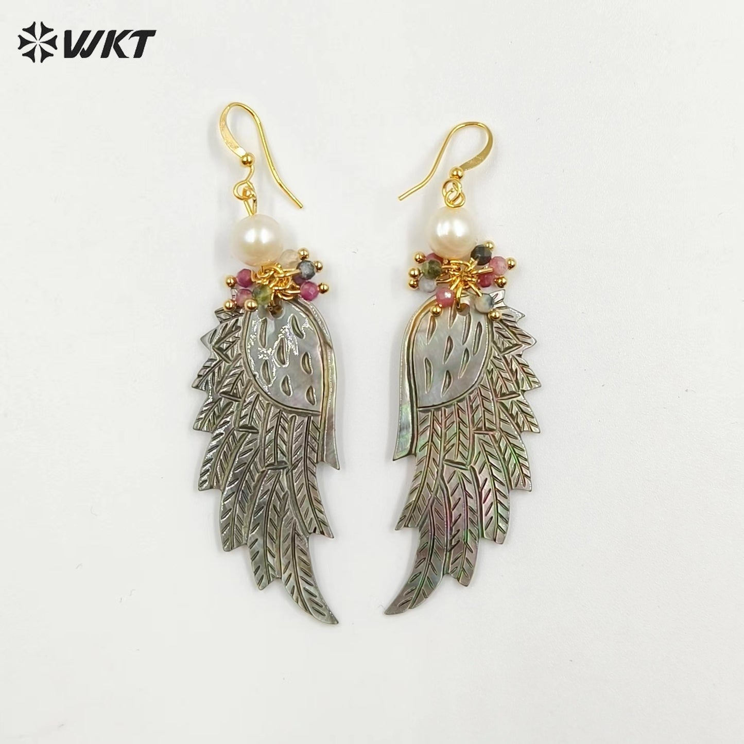 WT-MPE103 Latest Style Shell and Tourmaline Beads 22*53mm Wing Shaped 18k Gold Plated Gift Weeding Romantic Pendant Earrings