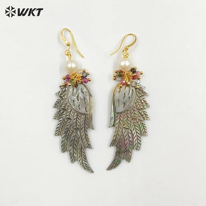 WT-MPE103 Latest Style Shell and Tourmaline Beads 22*53mm Wing Shaped 18k Gold Plated Gift Weeding Romantic Pendant Earrings