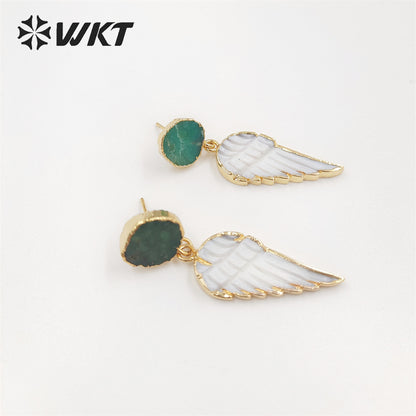WT-MPE076 Wholesale Fashion Gold Plated Abalone Feather Leaf Earrings Unique Charming Elegant Welding Shell Earring for Party