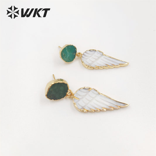 WT-MPE076 Wholesale Fashion Gold Plated Abalone Feather Leaf Earrings Unique Charming Elegant Welding Shell Earring for Party