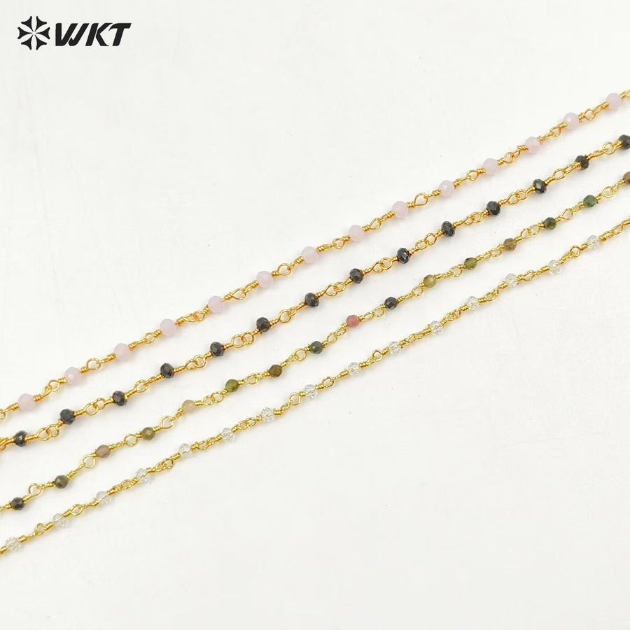 WT-BFN042 Wholesale 3mm Faceted Natural Gemstone Beads Necklace 16inch Long Resist Tarnishable Chain Necklace in 18k Gold Plated