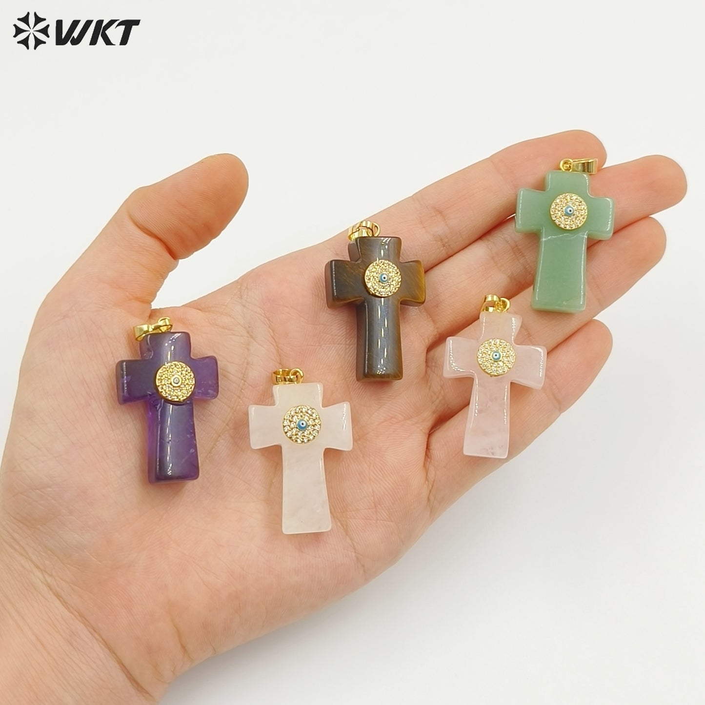 WT-P2046 Hot Sales Vintage Style Rose Quartz Multi Natural Gemstones With Zircon Cross Pendants For Women Fashion Jewelry Making