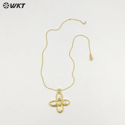 WT-JN340 Top Fashion Gold Plated Boutique Jewelry Five Natural Freshwater Pearls Cross Necklace As Women Anniversary Gift