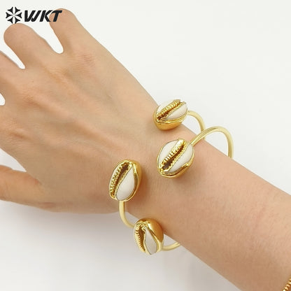 WT-B197 18K Gold Plated Double Shell Bracelet Bangle Fashion Natural Double Cowrie Shell Bangle for Summer Holiday