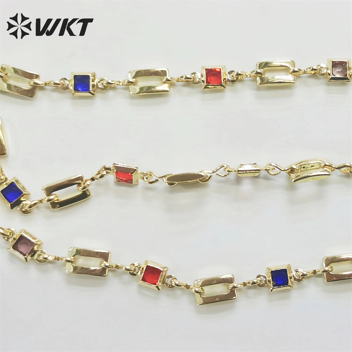 WT-RBC212 Wholesale Fashion Gold Plated Resist Tarnishable Colorful Cubic Zircon Chain square Cz Jewelry Necklace Chain