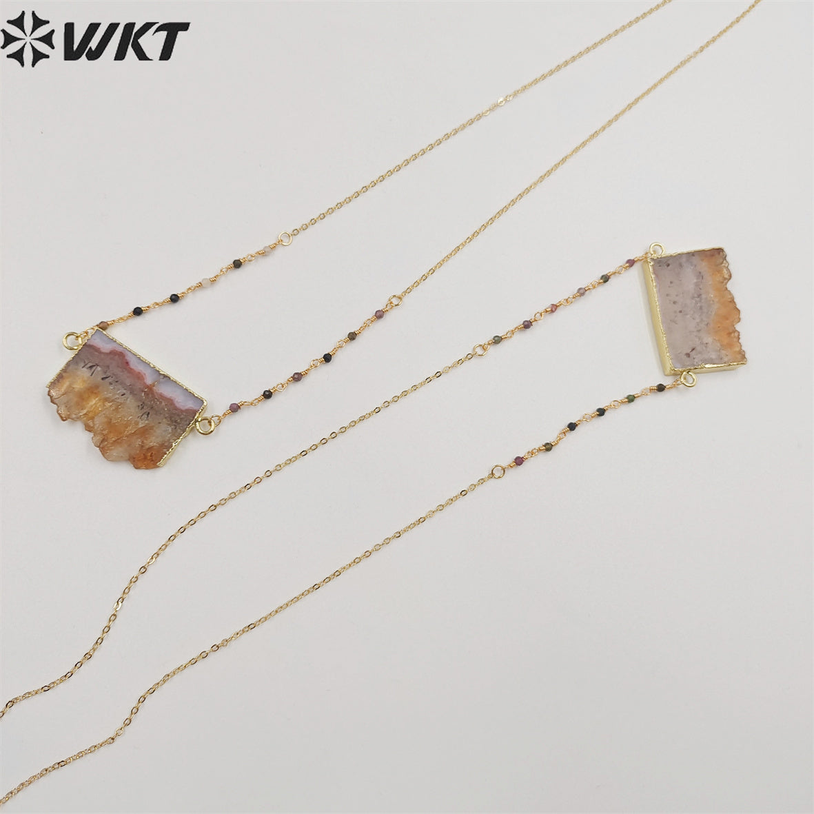 WT-N1404 Wholesale Newest Fashion Gold Double Loops Natural Yellow Citrine Tourmaline Necklace 3mm Beads Slice Stone Necklace