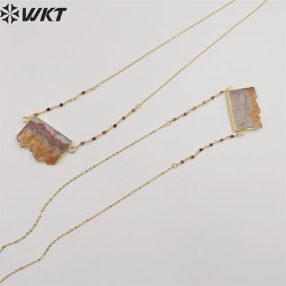 WT-N1404 Wholesale Newest Fashion Gold Double Loops Natural Yellow Citrine Tourmaline Necklace 3mm Beads Slice Stone Necklace