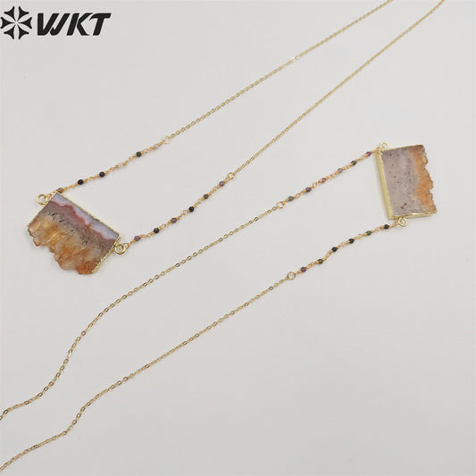 WT-N1404 Wholesale Newest Fashion Gold Double Loops Natural Yellow Citrine Tourmaline Necklace 3mm Beads Slice Stone Necklace