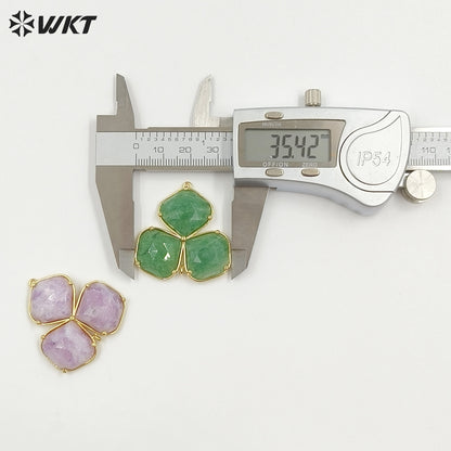 WT-P2129 Beautiful Gold Electroplated Three Natural Gemstones Leaf Shape Pendants As Handmade Jewelry Decorative Findings