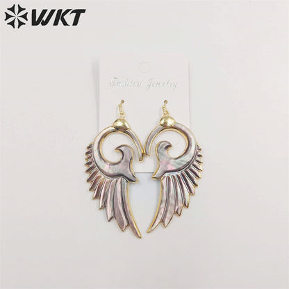 WT-E268 Newest Fashion Morden Gold Plated Shell Feather Earrings Elegant Popular Dangling Real Shell Feather Earrings
