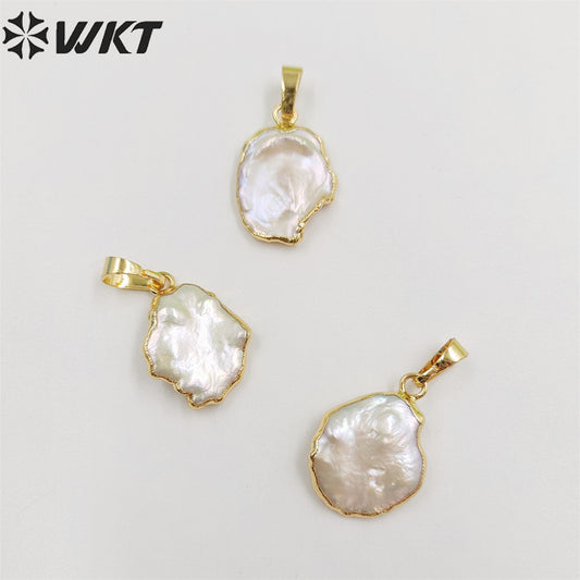 WT-P656 Wholesale Unique Natural Freeform White Freshwater Pearl Pendant Gold Edges Pendant DIY Jewelry Making
