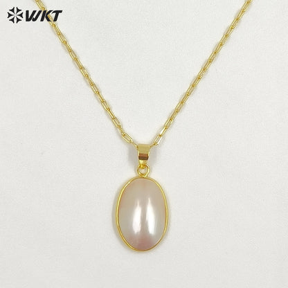 WT-JN384 Wholesale Simple Style Gold Electroplated Oval Mabe Shell Pendant Necklaces For Women Fashion Jewelry Matching