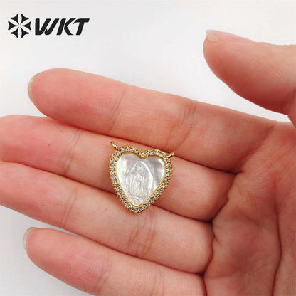 WT-JP328 Wholesale Small MOP Shell Carve Micropavd Lady Virgin Mary Gudalupe Charms Lovely Heart Religion Miraculous Pendant