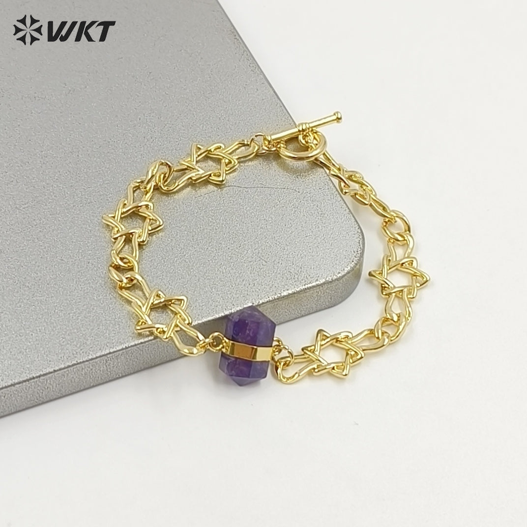WT-B717 Exclusive Lovely Gold Plated Yellow Brass Heart Star Chain With Natural Gemstones Charms Bracelets As Friends Gift