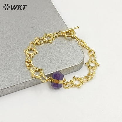 WT-B717 Exclusive Lovely Gold Plated Yellow Brass Heart Star Chain With Natural Gemstones Charms Bracelets As Friends Gift