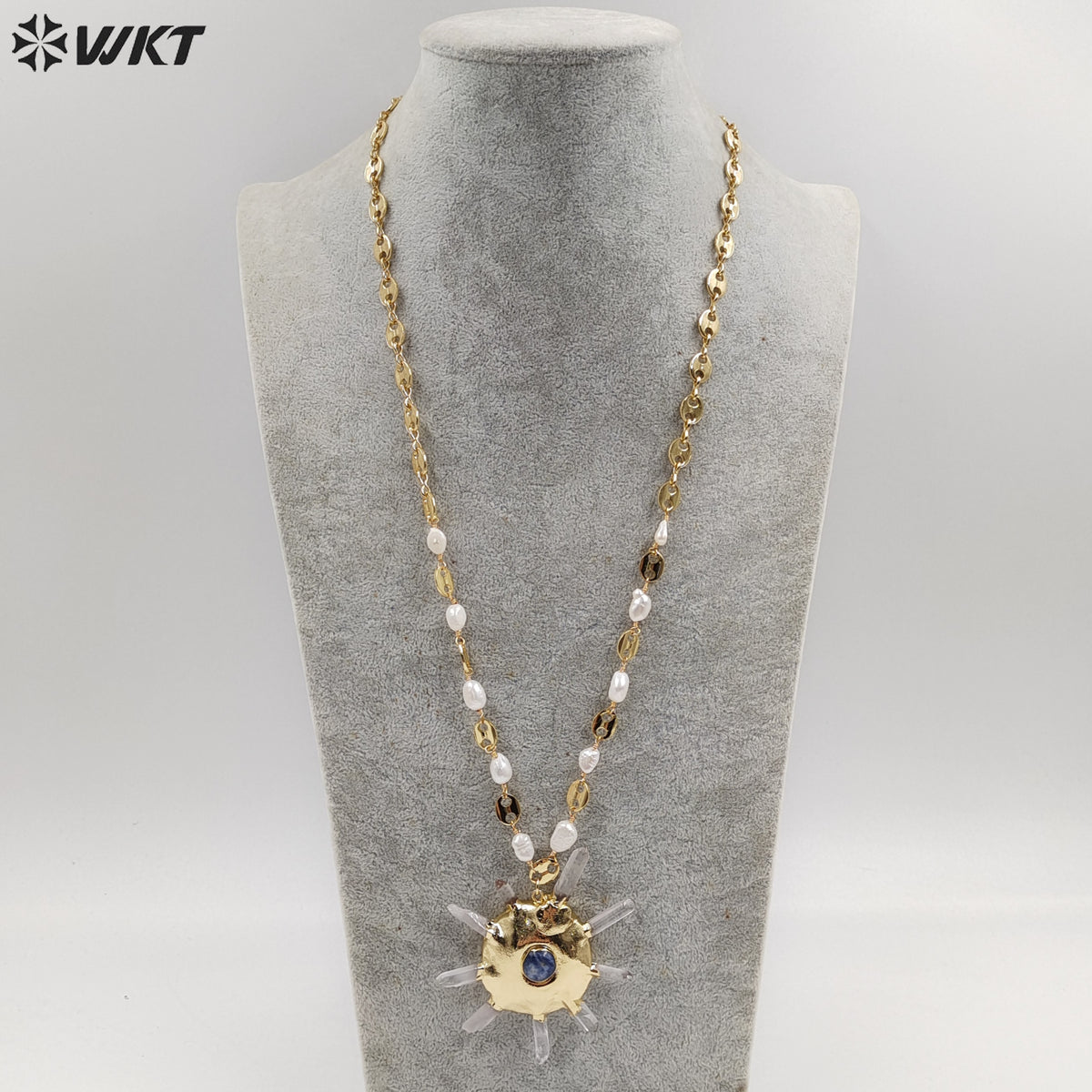 WT-JN248 Wholesale Punk Style  Crystal Quartz/Freshwater Pearl  18 inch Gift For Women   Sun Shaped Gemstone Necklace