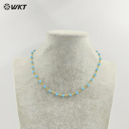 WT-BFN042 Wholesale 3mm Faceted Natural Gemstone Beads Necklace 16inch Long Resist Tarnishable Chain Necklace in 18k Gold Plated