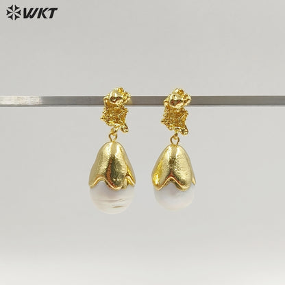 WT-MPE166 Gentle And Elegant Style Gold Plated Natural Baroque Pearl Women Drop Earrings For Fashion Wedding Jewelry Gift
