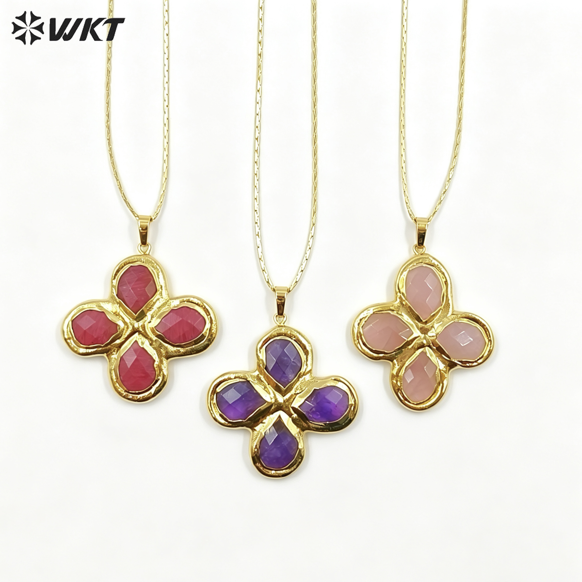 WT-N1542 Popular Fashion Gold Plated Thin Chain With Natural Gemstone Four Leaf Clover Pendant Necklace For Lady Birthday Gift